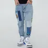 Hip Hop Jeans Color Match Spliced Washed Retro Mens Denim Trousers Harajuku Vibe Style Ripped Oversized Baggy Streetwear Pants