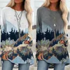 Kadın T-shirt Dağ Treetop Baskı Uzun Kollu Kadın Moda Tişörtü Casual Yuvarlak Boyun Gevşek Pamuk Kazak Tops