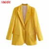 Kobiety Moda Żółty Płaszcz Blazer Vintage One Button Z Długim Rękawem Kobiet Odzieży Odzieży Weszłorowe Topy 4M139 210416