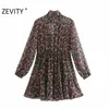 ZEVITY 여성 빈티지 꽃 프린트 캐주얼 주름 팬 시폰 미니 드레스 여성 긴 소매 활 묶여 Vestido Chic 브랜드 드레스 DS4530 210603