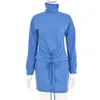 Robe Bandage pur bleu décontracté dames col roulé tenues de rue vêtements à la mode pour les femmes automne hiver nouveauté 210415