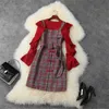 Mode Runway Kvinnor Långärmad Ruffle Patchwork Sweater och Plaid Woolen Klänning Vinter Kläder Robe Femme Vestidos 210601