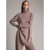 Luksusowe Dwa Kawałki 45% Cashmere + 30% Garnitury Wełny Kobiet Turtleneck Ciepłe Mink Knit Topy Szerokie Pant Sets F688 211106