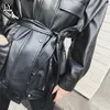Ly Varey Lin Giacche larghe da donna in morbida pelle sintetica Vintage medio lungo monopetto con cintura e cappotti punk neri 210526