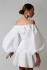 FABPOP Elegant High Waist Flare Women Dress White Off Shoulder Mini Dress Dresses Black Latern Sleeve Button GA028 210709