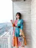 Luxur Designer Stijl Hit Kleur Blauw Rood Gedrukt Midi Jurk voor Dames Dame Katoen Zomer Mode Parijs Robe de Mujer 210421