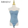 Combinaison en denim mince pour femmes sans bretelles sans manches taille haute sexy body femme vêtements de mode été 210521