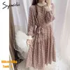 Syiwidii Dresses for Women Floral Print Lace Neck Plus Size Dress Long Sleeve Spring Autumn Sweet Midi Dresses for Women Party 210417