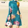 VGH Print Floral Casual Sukienka Dla Kobiet Stojak Kołnierz Z Długim Rękawem Hit Kolor Vintage Luźne Suknie Kobiet Moda Nowa Odzież 210421