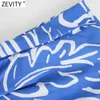 Zevity Женщины Vintage V шеи Граффити печатает печать плиссированные рубашки платье женский с коротким рукавом Blue Vestido Chic линия платья DS8388 210603