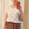 Jastie半袖英語刺繍トップ女性ディープVネックラインバックプリーツブラウスシャツ中空夏のシャツBlusa 210419