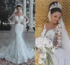 Vit senaste vintage sjöjungfrun Scoop Long Sleeves Applique Lace Up Bridal Wedding Clows Brudklänningar