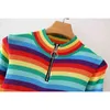 HSA Jesień Zima Slim Wild Stand-Up Collar Zipper Pullover Kobiety Moda Dzianina Z Długim Rękawem Rainbow Słodki Sweter Paski 210417