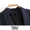 Kvinnor Mode Office Wear Striped Blazer Coat Vintage Three Quarter Sleeve Fickor Kvinnliga Ytterkläder Chic Toppar 210507