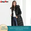 Piumino invernale da donna Doudoune Femme Cappotti lunghi con piume con cappuccio Parka Cappotto caldo nero Outwear Garemay 210428