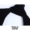 Traf女性のファッションアームウォーマートリミングニットセーターヴィンテージハイネック長袖女性プルオーバーシックトップ210806