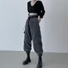 Streetwear Y2K sweatpants grå vintage lastbyxor joggare kvinnor med bälte mode harajuku höga midja byxor 210510