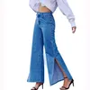 Kadın moda düğmesi sinek cep zinciri denim pantolon denim pantolon yüksek belli geniş bacaklı pantolon sonbahar kadın kot pantolon tam uzunluk 210508