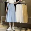 Lato solidna plisowana spódnica wysokiej talii przyciski żółte niebieskie białe długie spódnice kobiety koreański przypadkowy dziki streetwear streetwear 210421