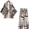 Klkxmyt ZBZA 2 pezzi set donna Kimono camicie + pantaloni moda estiva stampata manica lunga camicetta pantaloni femminili casual 220315