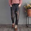 Wiosna Jesień Sztuki Styl Kobiety Elastyczna Talia Loose Dżinsy Patchwork Haft Vintage Ripped Bawełniane Denim Harem Spodnie S568 210512