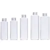 Cosmetische plastic fles transparante platte schouder aluminium schroefdeksel met binnenste plug lege draagbare navulbare verpakking container 100ml 120ml 150ml 200ml 250ml