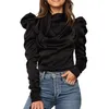 Women's Ladies Fashion Satin Tops Bow Neck Long Puff Sleeve Outwear Shirt Blouse Elegant Pleated Solid Soft Clothes Blouses & Shirts