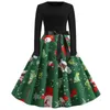 Casual Kleider Frauen Schwarz Patchwork Elegante Vintage Print A-linie Weihnachten Kleid Plus Größe Langarm Schlank Party Winter