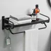 Towel Racks Bathroom Holder Wall Mounted Rail Black/Silver Aluminum Alloy Shelf With Hooks Accessories Nail Free