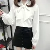 Women Long Sleeve and Blouses Chiffon Shirts Bow-knot White Shirt V-Neck Puff Ladies Tops Plus Size 4XL 5054 50 210417