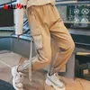 Kaki Cintura Alta Calças de Carga Mulheres Camo Corredores Soltos Sweatpants Coreano Hip Hop para Casual Streetwear Calças Pretas 210428