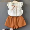 LOVE DD&MM Girls Sets Summer Kid's Clothing Girls Solid Color Doll Lace Led Short-Sleeved Shirts + Shorts Suits 210715