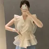 Coréia Chic Moda Temperamento V-Neck Ruffing Costura Cor Sólida Lace-up Cardigan Camisa Blusa Mulheres Verão 16w1448 210510