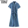 TRAF Femmes Chic Mode avec poches de ceinture Denim Robe Midi Vintage Col à revers à manches courtes Robes féminines Robes 210415