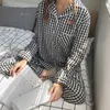 Coréen Violet Grille Filles Pyjamas Ensemble Mignon Hiver À Manches Longues Loisirs Vêtements De Nuit Pour Femmes Lâche De Nuit Homewear Costume 210809