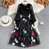 تنويج النساء الأسود الشبكة المرقاء المطرزة Midi Dress Women Women Elegant O-Dece Lantern Long Long Swing Party Festidos New 2022