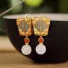 Stud S925 Sterling Silver Gold Plated Hetian Jade Ear Studs Retro Chinese Style Palm-Leaf Fan Earring Pendant For Ladies örhängen