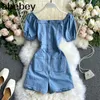 Summer Women Vintage Blue Denim Playsuits Short Sleeve Rompers Ladies Casual Chic Pockets Jeans Jumpsuits 210715