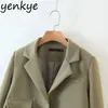 Chaqueta de bolsillo verde vintage para mujer, manga larga, cuello de muesca, moda, oficina, chaqueta recortada, prendas de vestir exteriores de otoño, Tops LJPZ9385 210514