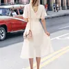 Vestidos Plus Size Short Sleeve Women Chiffon Summer White Black Pink Apricot Backless V-Neck Midi Dress 5080 50 210417