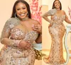 Aso Ebi 2021 Arabic Plus Size Gold Mermaid Sparkly Evening Dresses Beaded Lace Sexy Prom Formal Party Second Reception Gowns ZJ326223B