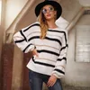 Stickad Sequined Stripe Sweater Vintage Lantern Sleeve Oversized Casual Jumper Höst Vinter Pull Femme 210427