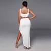 NewAsia Top corto bianco Set due pezzi Donna Sexy Backless Vita alta Twist Side Split Bodycon Gonne 2 pezzi Abiti estivi 210413