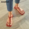 Aneikeh Fashion PU Sandals Women Summer Flat With Thong Heels Pumps Shoes T-Tied Casual Ankle Strap Buckle Leisure Solid 210626