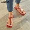 Aneikeh Fashion PU Sandals Kobiety Lato Mieszkanie z Stringi Obcasy Pompy Obuwie T-wiązany Dorywczo Kostka Pasek Klamra Rozrywka Solid 210626