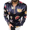 Camisetas para hombre, estampado de corona Vintage, informal, holgado, con cuello vuelto, camisas para hombre, botones de manga larga lisos, camisa ajustada, ropa de calle