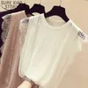 Koreaanse zomer vrouwen mesh shirt mouwloze O-hals kant gebreide patchwork tops chique solide holle kleding mode blusas 210510