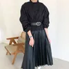 Elegant Stand Collar Women Solid Patchwork Belt Dress OL Style Long Sleeve Pleated Mid-length Dresses Female Vestidos 210519