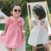 Girl Doll Collar College Dress Princess 2019 Summer Short Sleeve Bowtie Pattern Dresses Children Puff Sleeve Causal Kids Dress Q0716