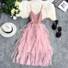 Women Tulle Dress Summer Mesh High Waist Hem Asymmetrical Pleated Fairy Female Slim es 210430